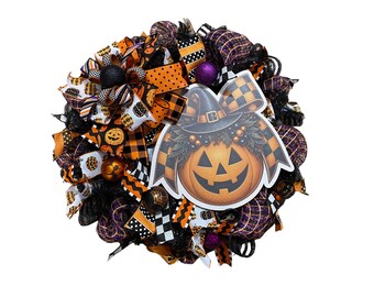Jack O Lantern Halloween Wreath, Witch Hat Pumpkin Wreath, Halloween Front Door Decor, Orange Purple Black Fall Mesh Wreath