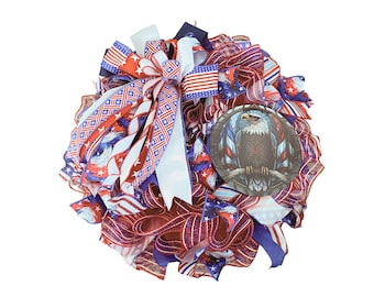 Patriotic Eagle Wreath, 4th of July Wreath, American Flag Door Decor, Red White Blue Mesh Wreath, USA Front Door Wreath