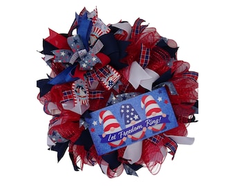 Patriotic Fourth of July Wreath, Let Freedom Ring Gnome Sign, Red White Blue Wreath, Independence Day Decor, USA Celebration