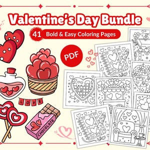 Valentine&#39;s Day Coloring Pages Bundle | 41 Cute and Cozy printable pages | Bold & Easy | Instant Download PDF
