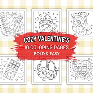 Cozy Valentine&#39;s Day Coloring Pages | 10 Bold & Easy coloring pages | Instant Download PDF