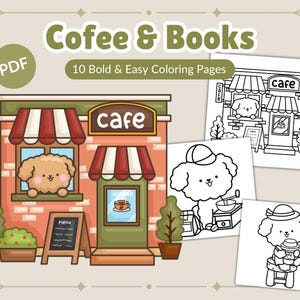 Kaffee & Bücher zum Ausmalen | 10 mutige, einfache Seiten | Sofort Download PDF