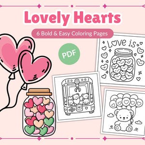 Lovely Hearts Coloring Pages | 6 Bold & Easy Valentine&#39;s Day coloring pages | Instant Download PDF