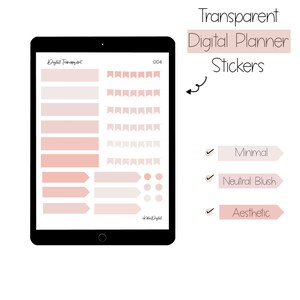 Puede incluir: Un conjunto de pegatinas para planificador digital en tonos rosa y blanco. El conjunto incluye varias formas, como pancartas, flechas y círculos. El texto "Digital Transparent" y "004" es visible en la pantalla.
