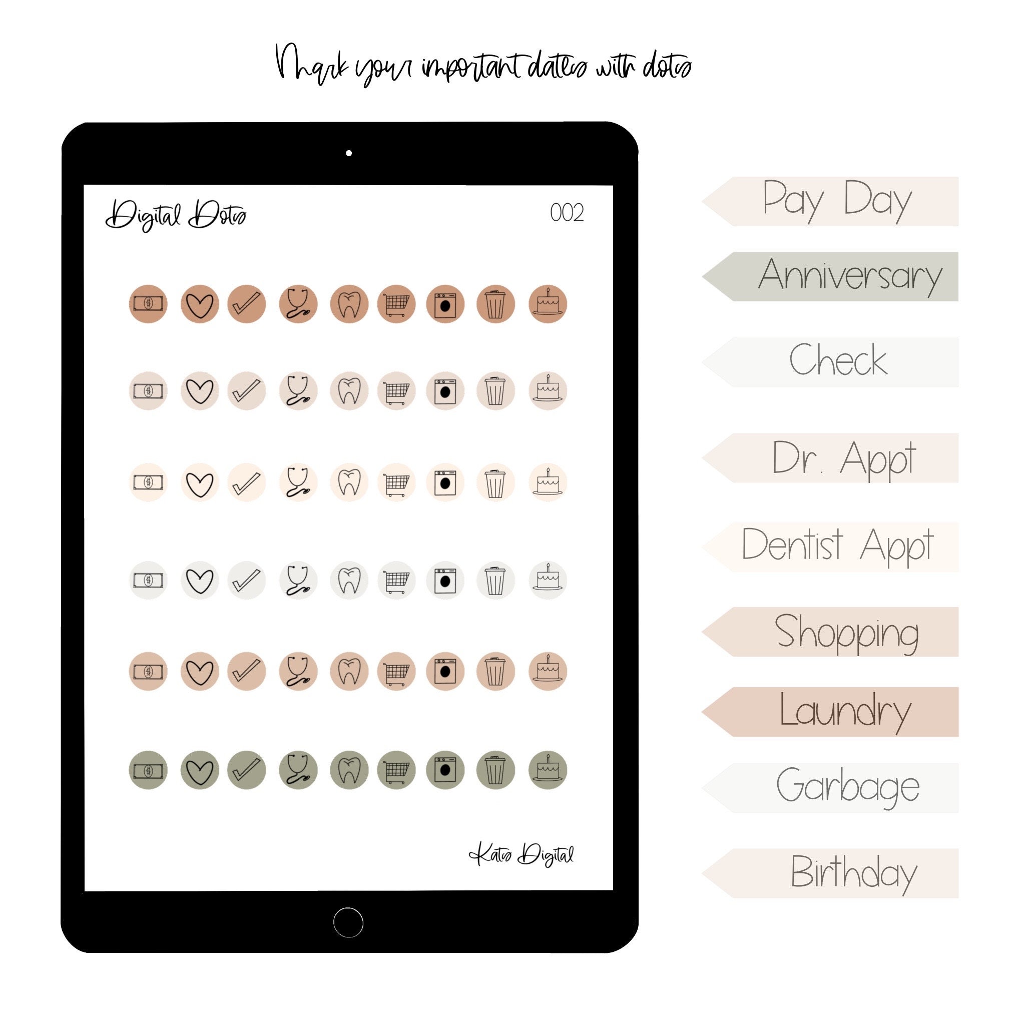 Digital Planner Stickers | Functional Icon Dots (goodnotes Precropped ...