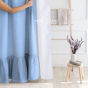 Ruffled Linen Shower Curtain with waterproof Liner, Extra Long Shower Curtain with Ruffles, Custom Bathtub Curtain with Buttonholes Top
