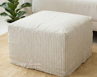 Linen Ottoman Cover, Custom Fitted Footstool Slipcover, Pouf Cover