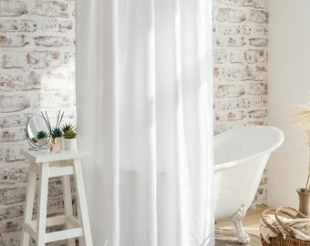 White Fabric Shower Curtain - Waterproof Polyester Bathroom Curtain with Buttonholes Top