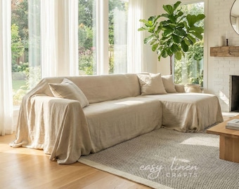 Linen Sectional Couch Cover, L-Shape Corner Sofa Slipcover, Loose Cover, Custom Size Available