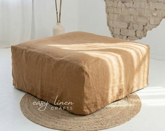 Linen Pouf Cover, Ottoman Slipcover, Footstool Cover, Natural Linen Furniture Cover, Washable Cover