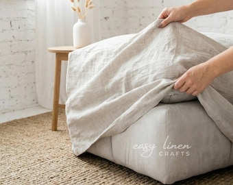 Natural Linen Footstool Cover, Custom Ottoman Slipcover, Minimalist Linen Furniture Cover, Washable Cover