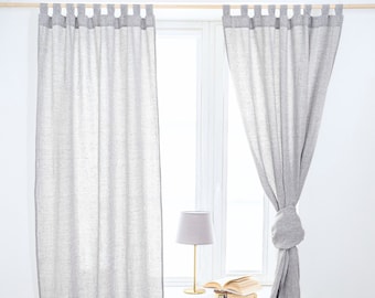 Set of 2 Linen Semi Sheer Curtain Panels with Tab Top for Window Treatments - Stonewashed Natural Linen Curtains - Custom Size Drapes