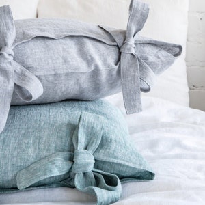 Linen pillow cover, linen pillowcase with ribbon ties, natural linen pillow case, linen pillow sham cover with bow ties, custom pillow cover image 3
