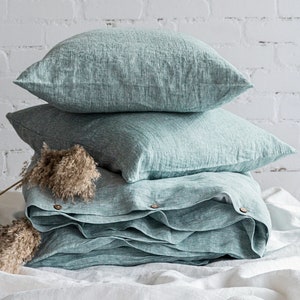Linen Bed Set - Duvet Cover and 2 Pillowcases - Queen, King, Custom Bedding Set, Melange Green Linen Duvet and Pillows, Ideal Wedding Gift