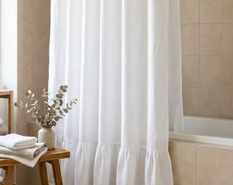 Linen Waterproof Shower Curtain with Ruffled Bottom and Buttonholes Top, Custom Sizes Available