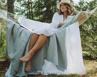 Linen Waffle Blanket Throw, Soft Breathable Cotton Linen Bed Cover, Waffle Plaid Natural Linen Waffle Throw, Bedspread 83''x91''/210x230cm