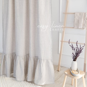 Shower Curtain with Waterproof Liner, Ruffled Shower Panel, Linen Shower Drape, Bath Curtain, Custom Bathroom Curtain with Buttonholes Top