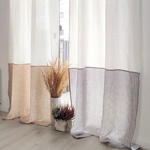 Semi Sheer Curtain Panel, Color Block Linen Curtain with Tab Top, Extra Long Curtain, Window Curtain, Custom Curtain - 1 Linen Panel
