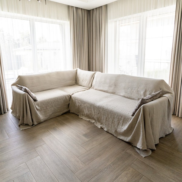 Linen couch cover for L shape sofa parts, sectional sofa cover, loose natural linen slipcover for sectional sofa, custom slip cover for sofa