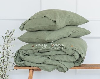 Linen bed set: duvet cover and 2 pillowcases, organic flax comforter cover and two sham covers, linen bedding in various colors and sizes
