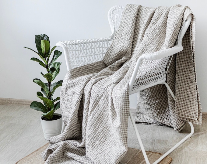 Natural Linen Waffle Blanket - Luxurious Throw for Bed or Couch - Perfect Birthday Gift - 90x94 inches (230x240cm)