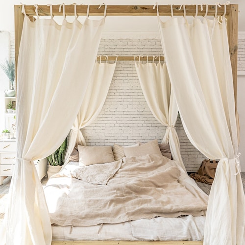 Tie Top Linen Curtain Panel for Canopy Bed Linen Bed Curtain Etsy