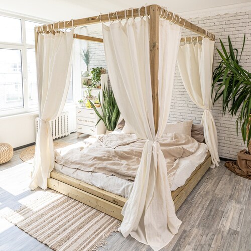 Tie Top Linen Curtain Panel for Canopy Bed Linen Bed Curtain Etsy