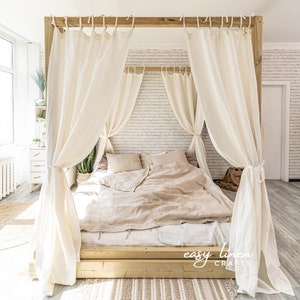 Linen canopy curtain panel, bed curtain with tie top, linen drape for canopy, tie top canopy linen panel, linen canopy bed curtain - 1 panel