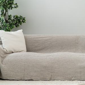 Waffle linen sofa cover, natural linen cotton waffle bed throw, large waffle bedspread, waffle throw, gift idea, size: 90&#39;&#39;x94&#39;&#39;/230x240cm