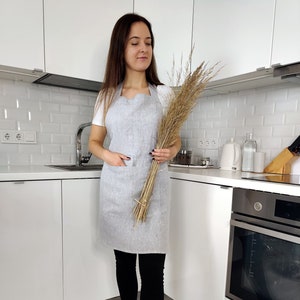 Unisex Linen Apron with Pocket - Natural Soft Kitchen Cooking Apron for Men and Women - Washed Full Linen Apron - Classic Apron - Gift Idea