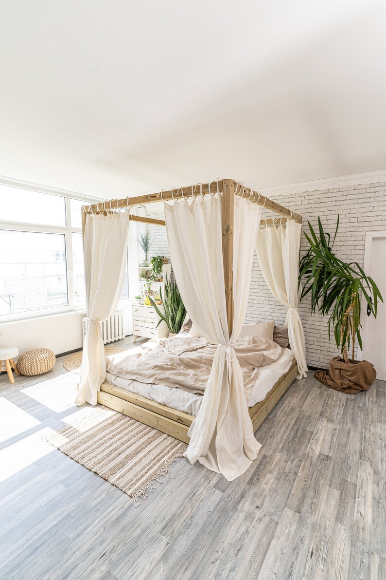 Tie Top Linen Curtain Panel for Canopy Bed Linen Bed Curtain Etsy