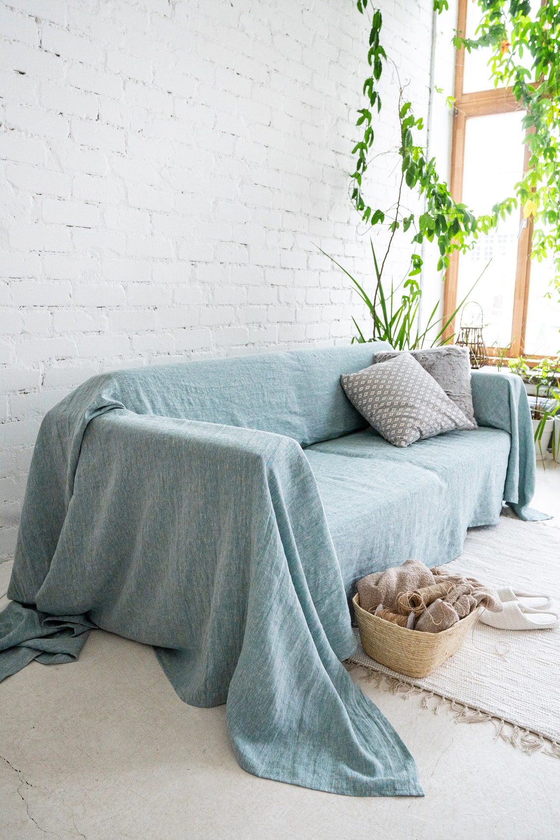 Linen couch coverlet. Green loose washed fabric sofa bedspread Etsy