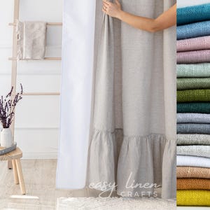 Waterproof Linen Shower Curtain with Liner, Ruffled Shower Curtain, Wide Bathtub Curtain, Custom Curtain, Shabby Chic Drape, Buttonhole Top