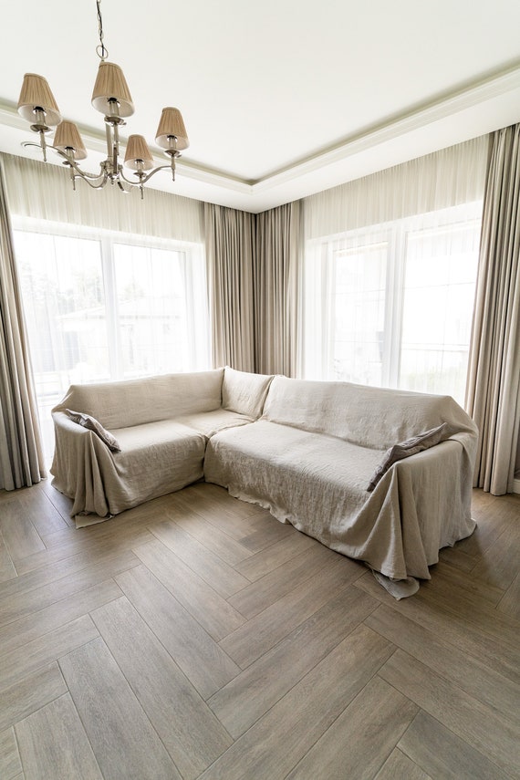 Copridivano in lino per parti di divani a forma di L, copridivano  componibile, fodera in lino naturale sciolto per divano componibile, fodera  personalizzata per divano -  Italia