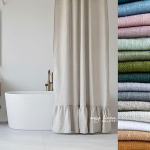 Water Resistant Linen Shower Curtain with Ruffled Bottom, Custom Bathtub Curtain with Liner, Boho Shabby Chic Style, Buttonholes Top