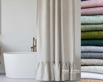 Water Resistant Linen Shower Curtain with Ruffled Bottom, Custom Bathtub Curtain with Liner, Boho Shabby Chic Style, Buttonholes Top
