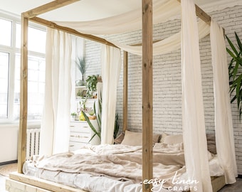 Linen canopy curtains (set of 2), four poster bed curtains, Off White linen curtain shawls, canopy bed curtains, canopy baldachin curtain