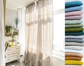 Natural Linen Curtains Custom Made, Semi Sheer Back Tab Curtains, Long Linen Window Drapes, Farmhouse Linen Curtains - Set of 2 Linen Drapes
