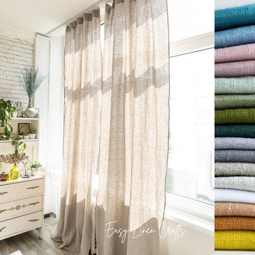 Natural Linen Curtains Custom Made, Semi Sheer Back Tab Curtains, Long Linen Window Drapes, Farmhouse Linen Curtains - Set of 2 Linen Drapes