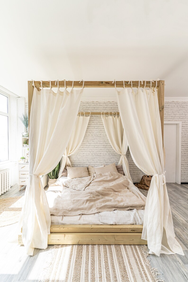 Tie Top Linen Curtain Panel for Canopy Bed Linen Bed Curtain Etsy