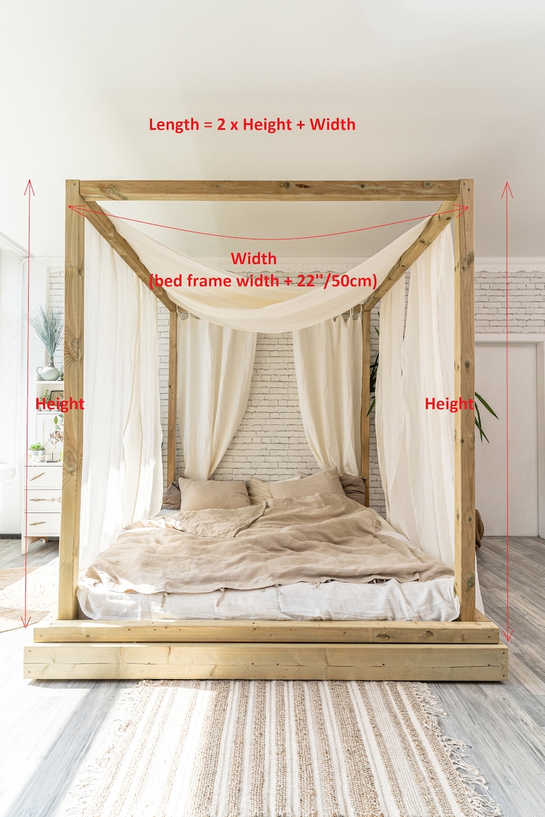 May include: A wooden canopy bed frame with a white linen canopy. The bed has a beige linen comforter and pillows. The bed frame is 22 inches wide and the canopy is 50 centimeters wide. The formula for calculating the length of the bed is: Length = 2 x Height + Width.