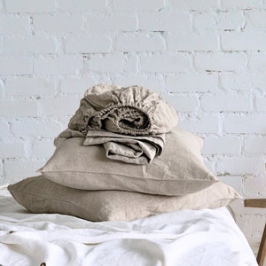 Linen Sheet Set - Flat sheet, Fitted Sheet + 2 Pillow Covers, Natural Bedding for Queen, King, Twin, Double - Custom Size Bed Sheets