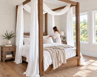 Linen Baldachin Curtains, Canopy Curtains Set of 2 Panels, White Linen Bed Drapes, Canopy Over the Bed Curtains