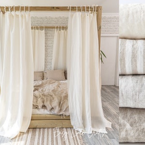 Linen Canopy Bed Curtain With Ties, Semi Sheer Canopy Drape, Bed Linen Curtain Panel, Canopy Panel For Bed, Bed Drapery - 1 Linen Panel