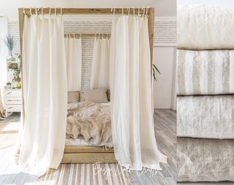 Linen Canopy Bed Curtain With Top Ties | Linen Canopy Drape | Linen Bed Curtain (1Pcs) | Canopy Panels For Bed | Bed Linen Curtain Panel