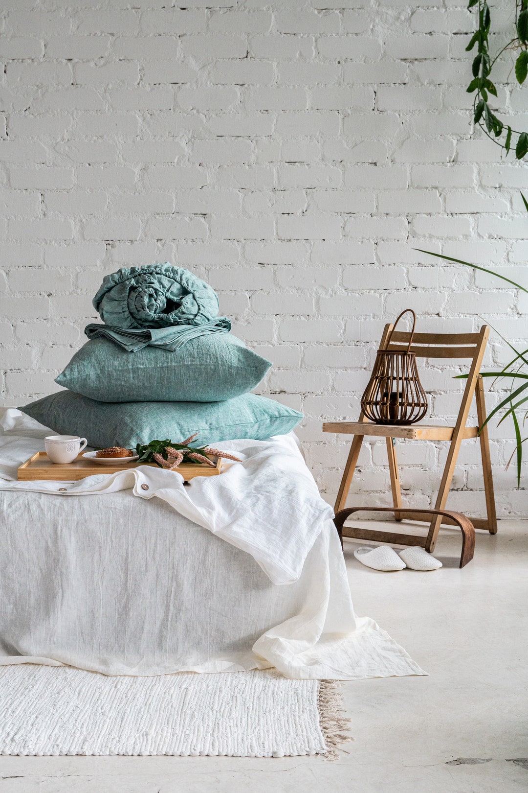 Green Linen Sheet Set. Washed Fabric Fitted Sheet, Flat Sheet, Two Pillowcases. Custom, Single