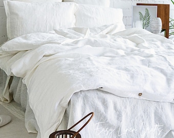 Ensemble housse de couette et 2 taies d'oreiller en lin blanc cassé - Parure de lit en lin - Housse de couette délavée avec couvre-oreillers - Linge de lit - Idée cadeau