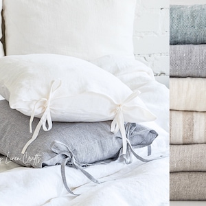 Set of 2 Linen Pillowcases with Skinny Ties - Standard, Queen, King, Custom Size Pillow Sham Covers - Bed Pillow Sip Covers - Linen Bedding