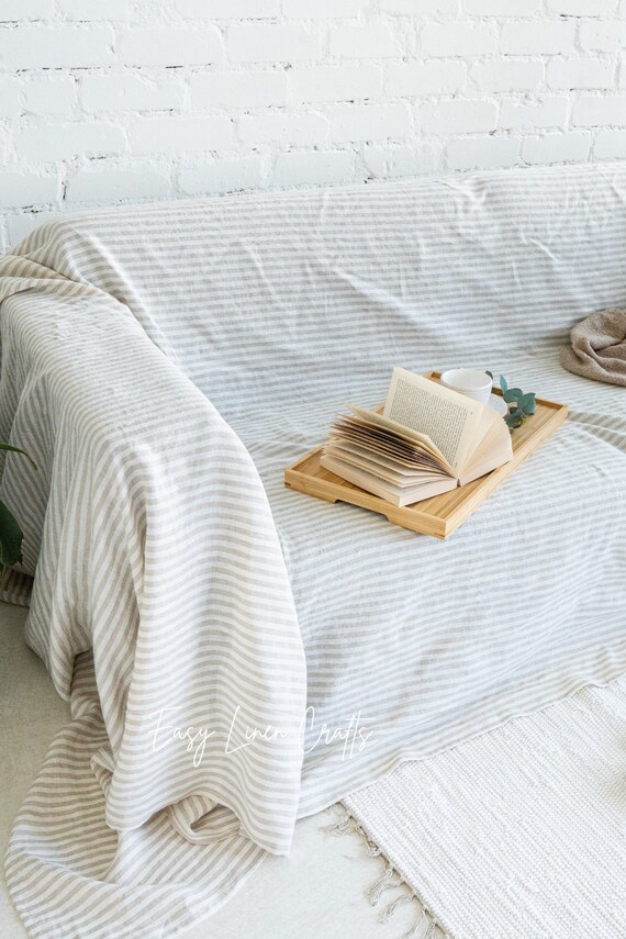 Striped Natural linen slipcover, custom sofa cover, washable slip cover, sofa seat cover, farmhouse slipcover, lose fit sofa throw