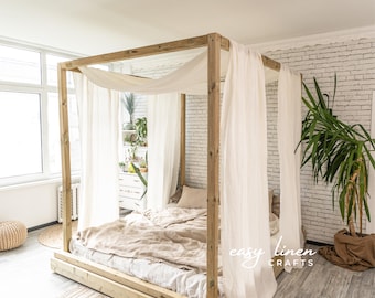 Cortinas con dosel, cortinas de cama de lino semitransparente, dosel personalizado sobre la cama, cortinas extra largas en blanco roto, juego de 2 cortinas para cama